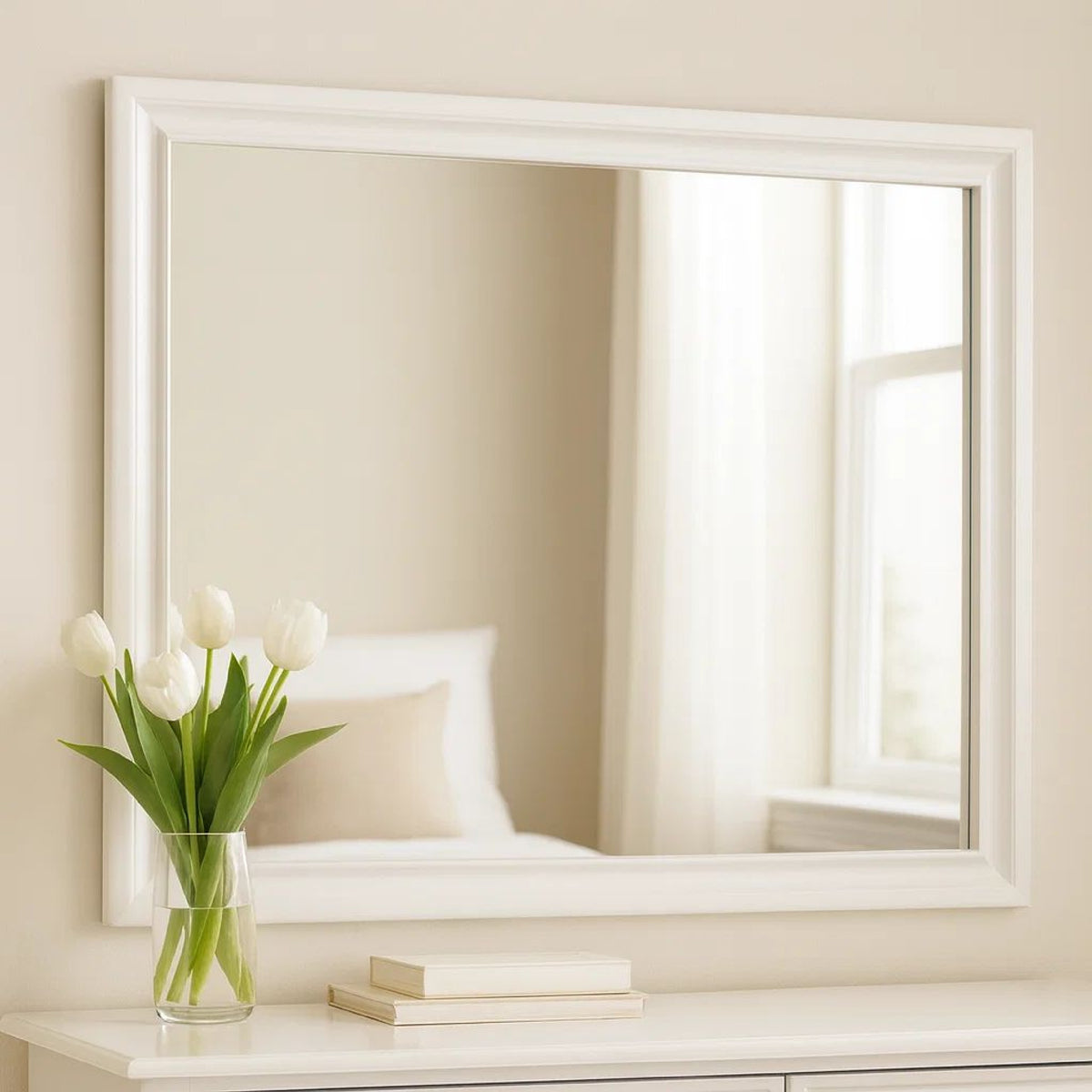 Wall Mirror with Rectangular Molded Wooden Frame, White  - BM246085