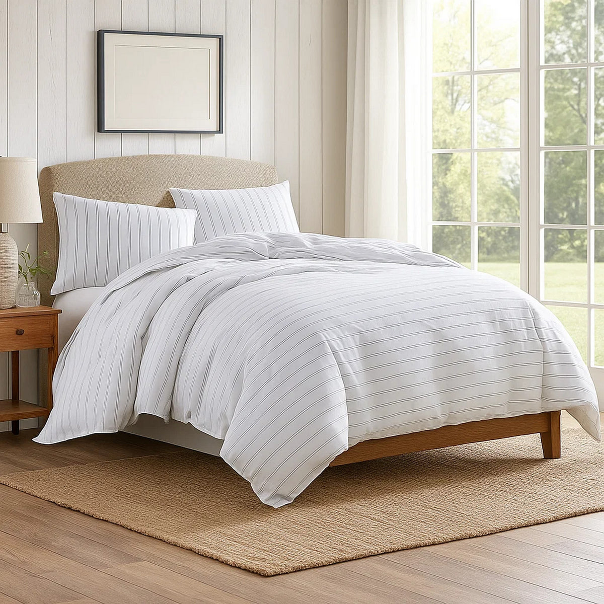 3 Piece Queen Comforter Set with Pinstripe Pattern, White and Black  - BM246985