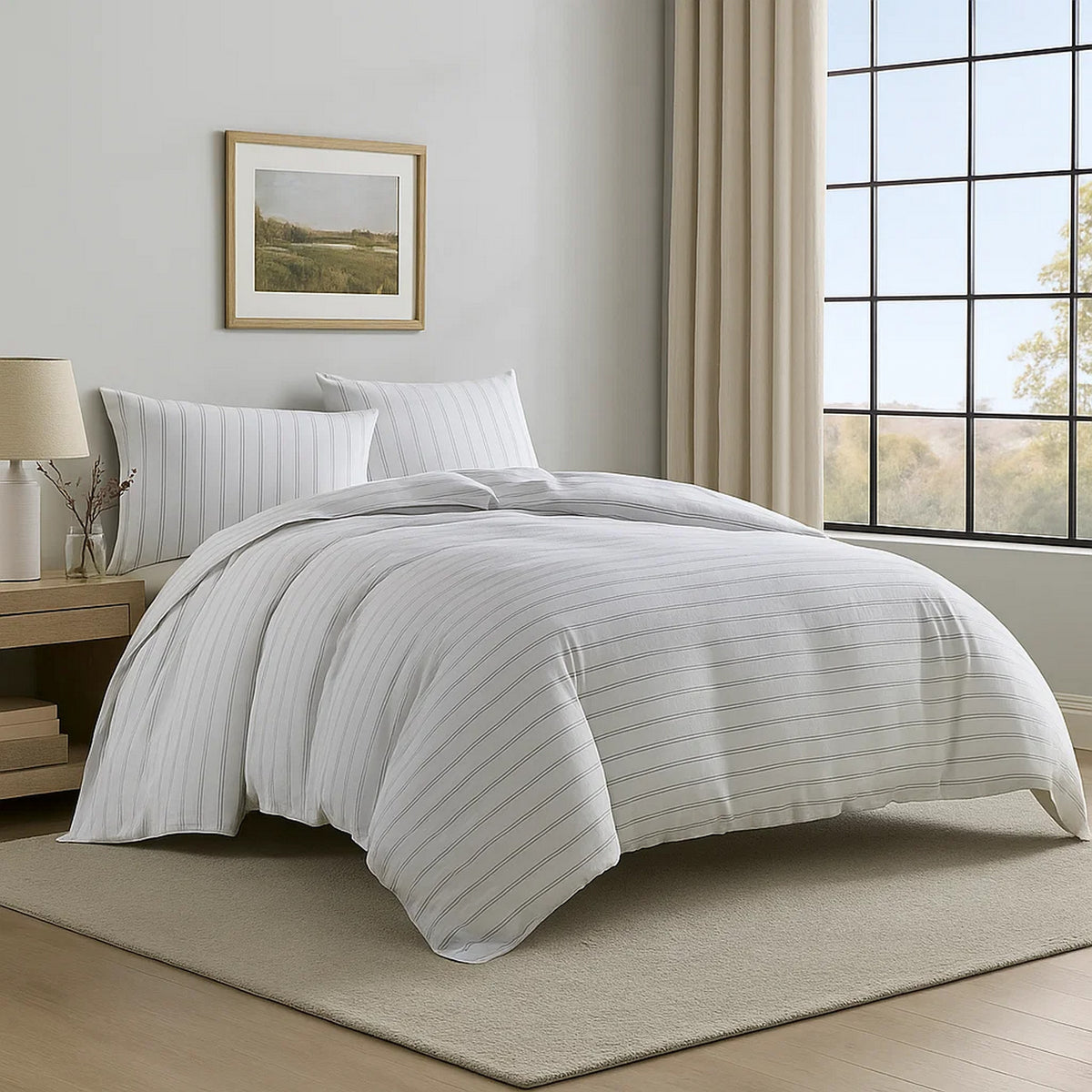3 Piece Queen Comforter Set with Pinstripe Pattern, White and Black  - BM246985