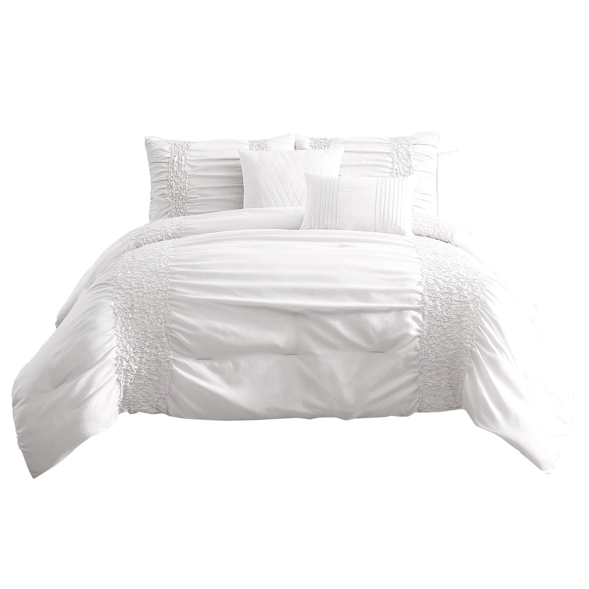 4 Piece Twin Comforter Set with Ruching Details, White  - BM246989