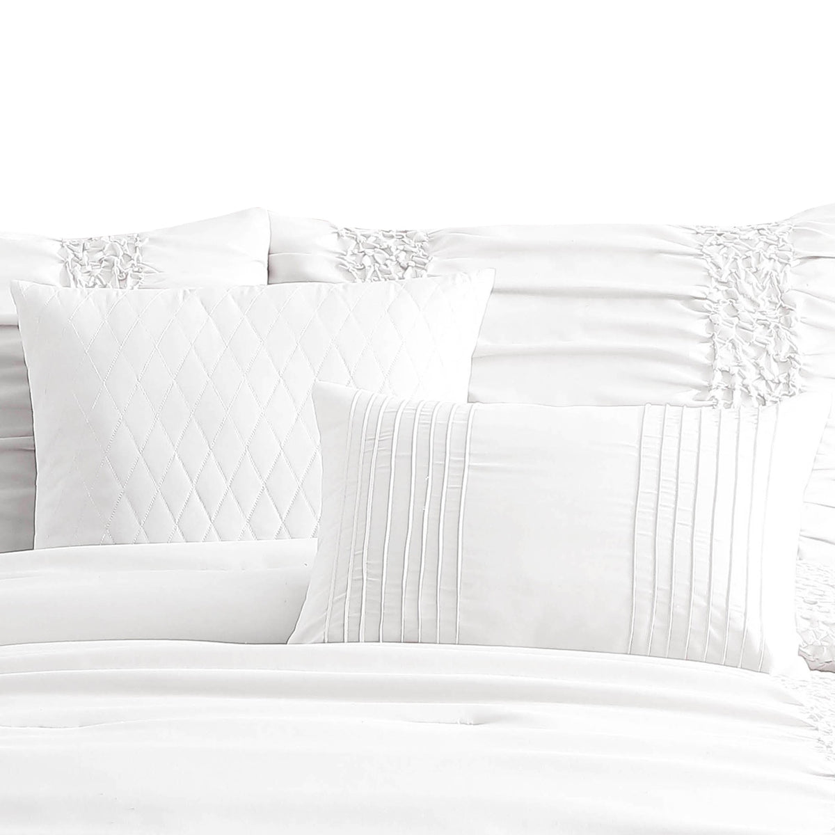 4 Piece Twin Comforter Set with Ruching Details, White  - BM246989