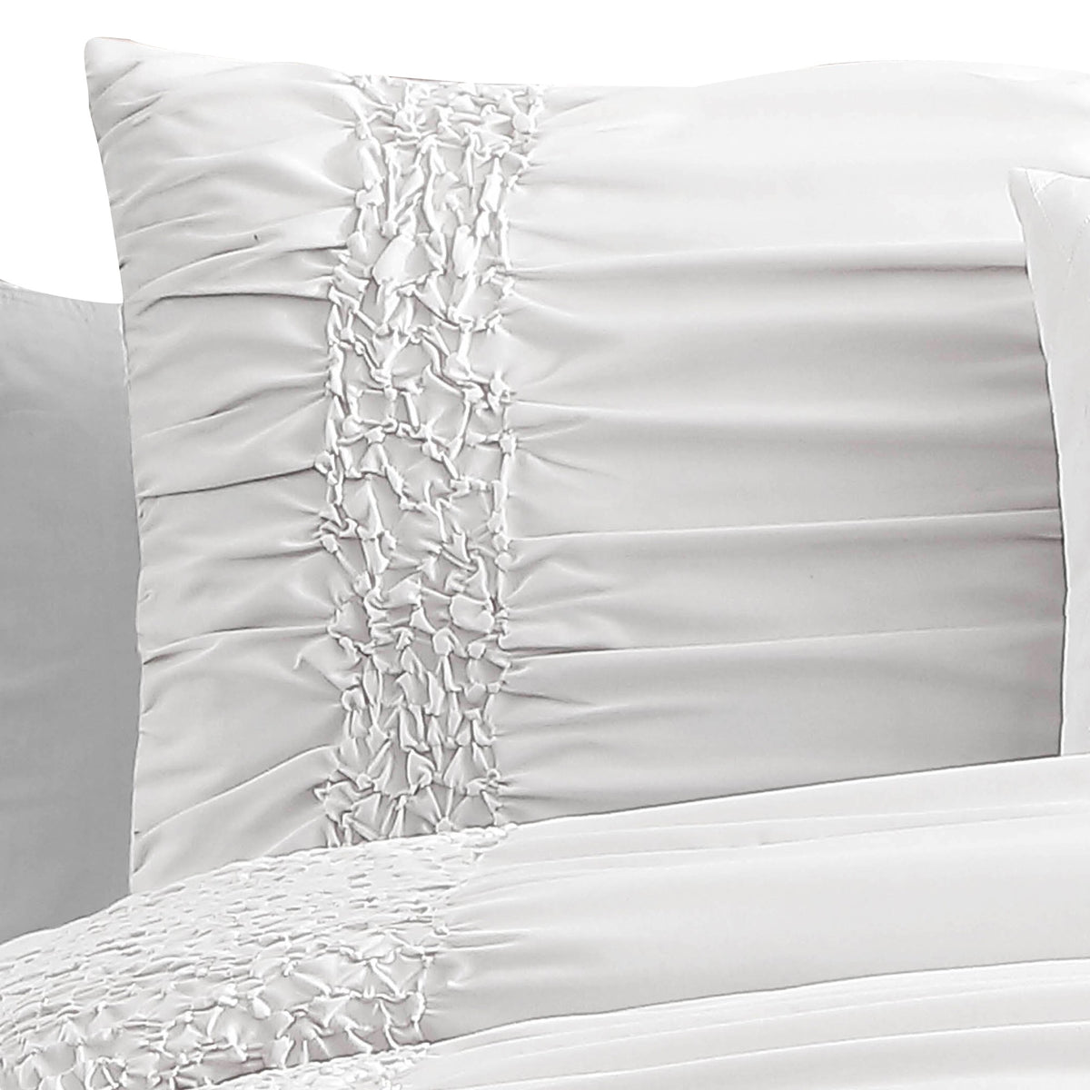 4 Piece Twin Comforter Set with Ruching Details, White  - BM246989