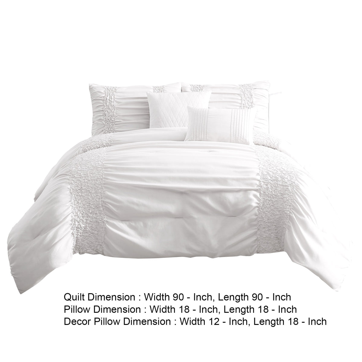 4 Piece Twin Comforter Set with Ruching Details, White  - BM246989