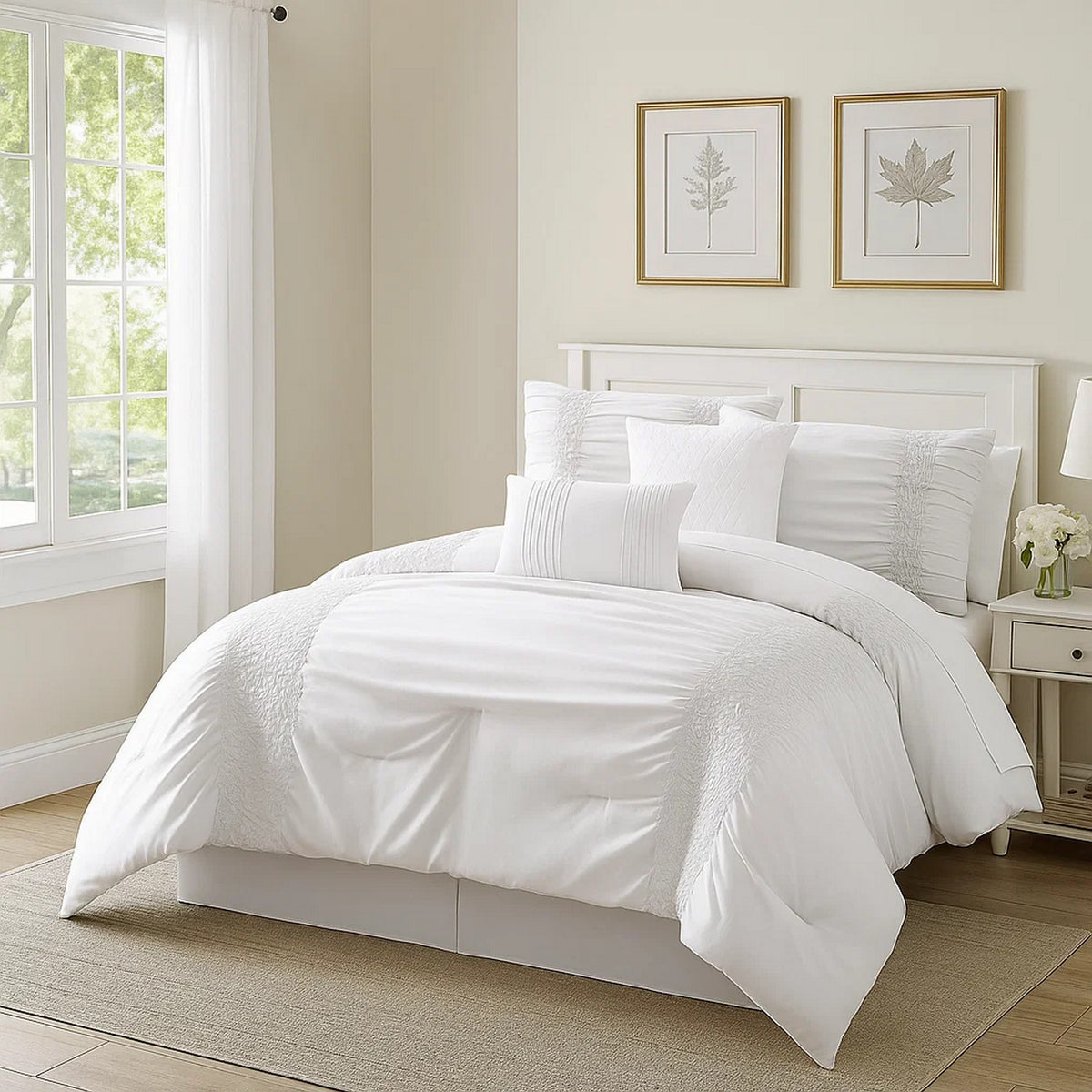 4 Piece Twin Comforter Set with Ruching Details, White  - BM246989