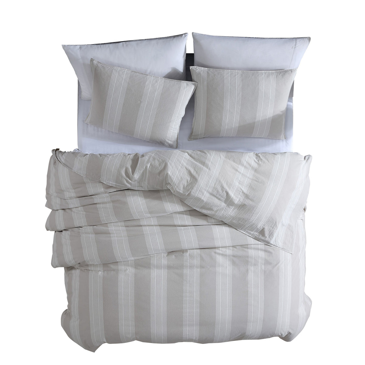 3 Piece King Comforter Set with Vertical Stripes Pattern, White and Brown  - BM246993