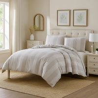 3 Piece King Comforter Set with Vertical Stripes Pattern, White and Brown  - BM246993
