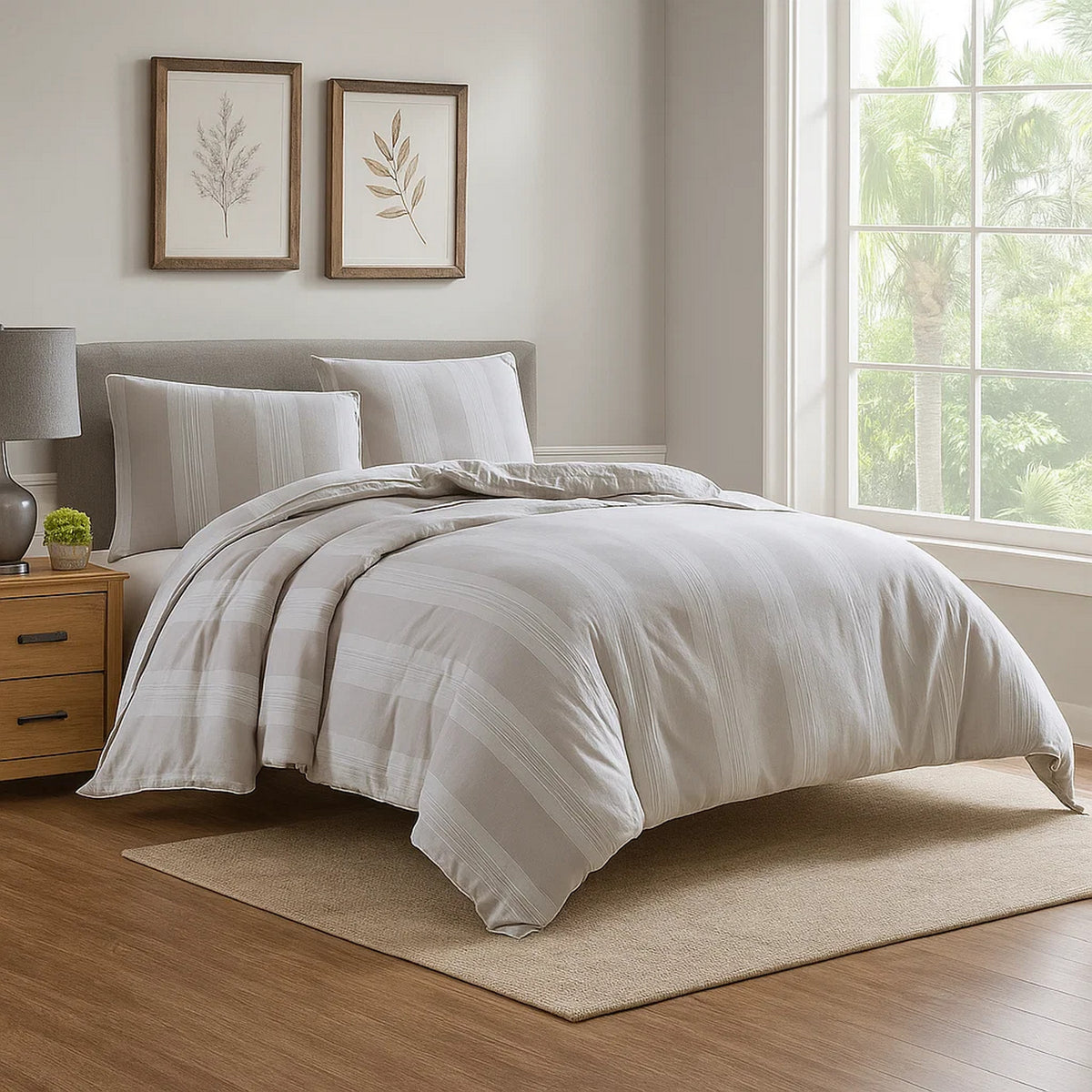 3 Piece King Comforter Set with Vertical Stripes Pattern, White and Brown  - BM246993