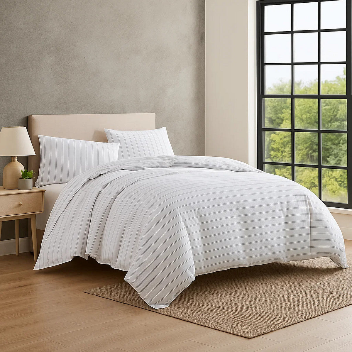 3 Piece King Comforter Set with Pinstripe Pattern, White and Black  - BM246994