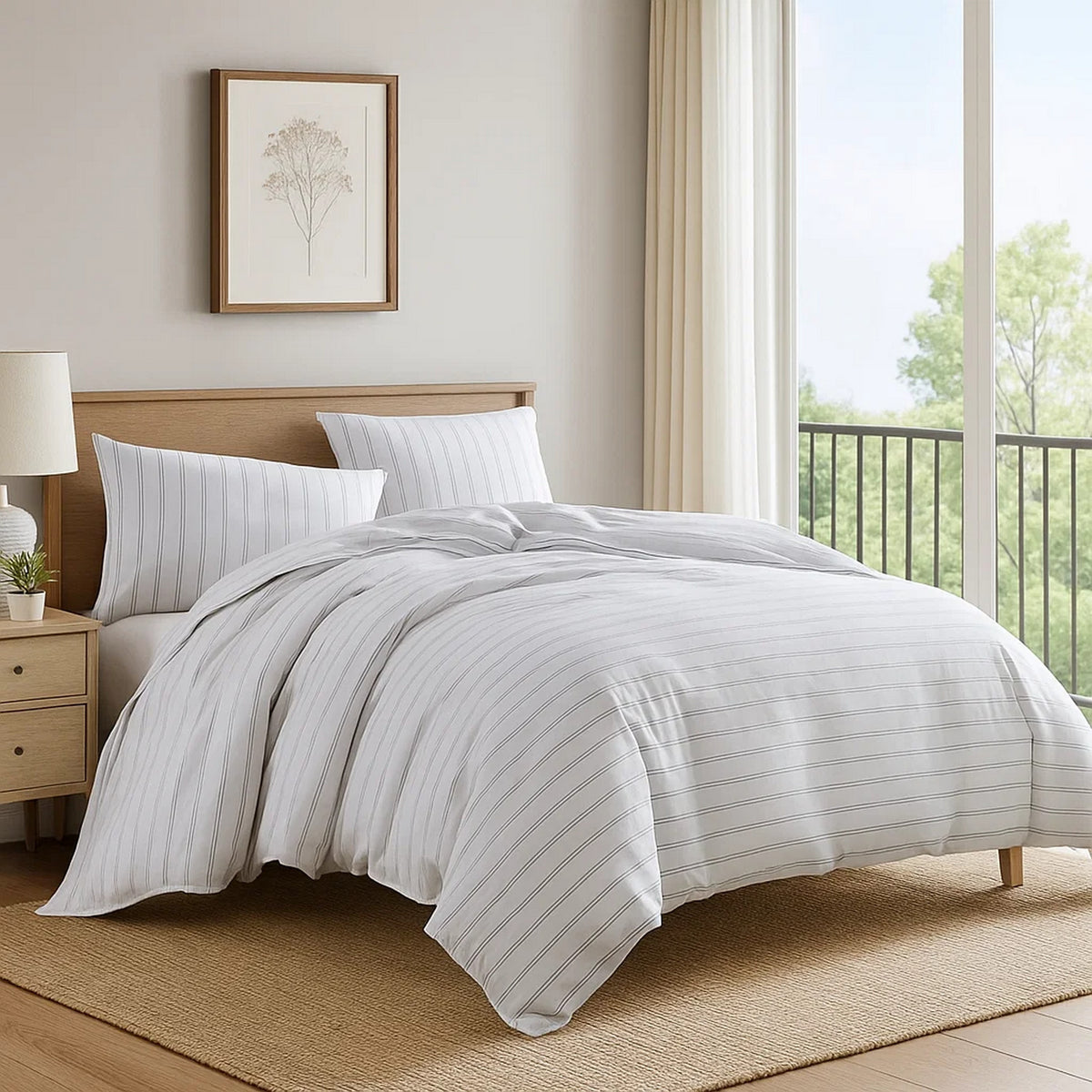 3 Piece King Comforter Set with Pinstripe Pattern, White and Black  - BM246994