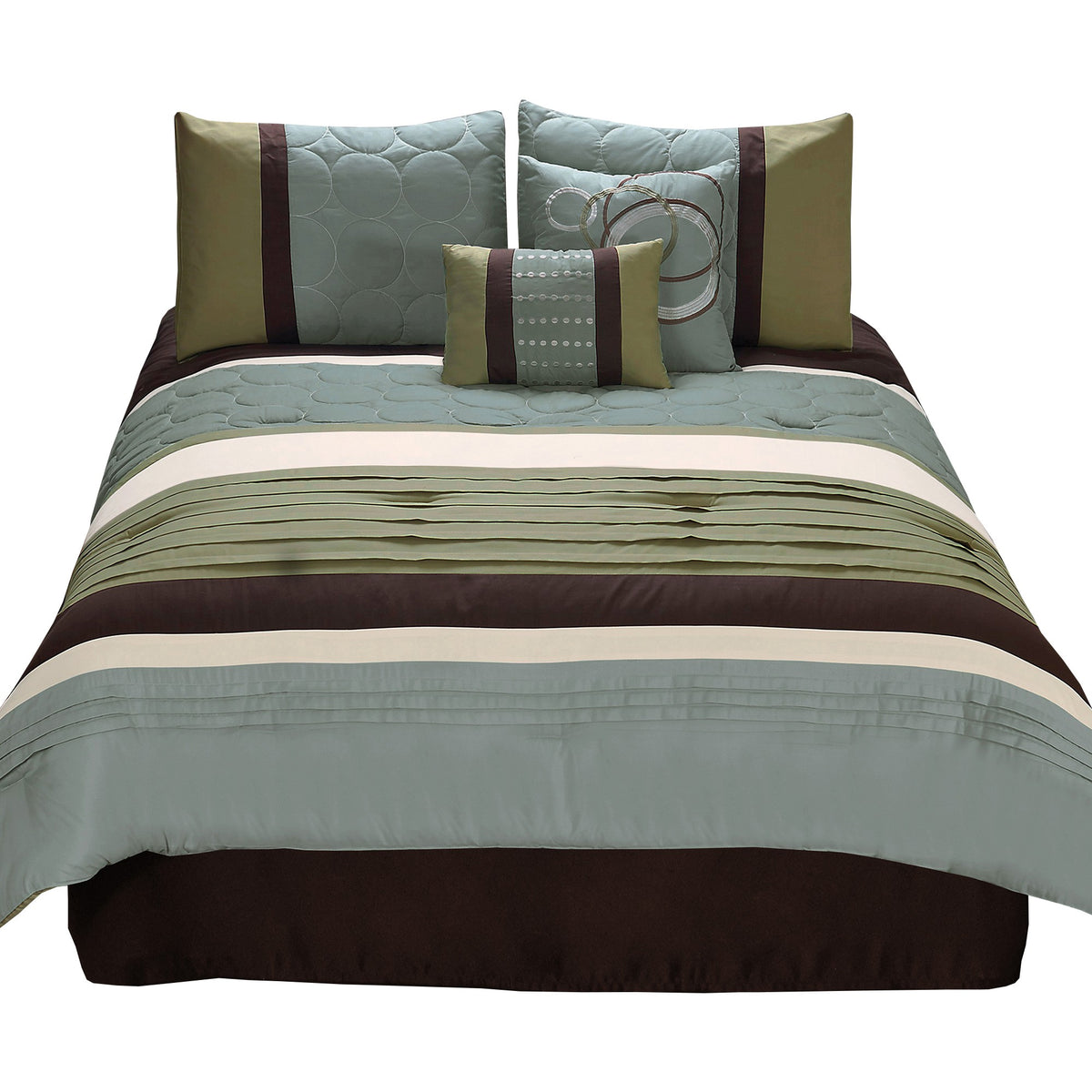 6 Piece King Comforter Set with Pleats and Embroidery, Green and Blue  - BM247005