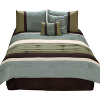 6 Piece King Comforter Set with Pleats and Embroidery, Green and Blue  - BM247005