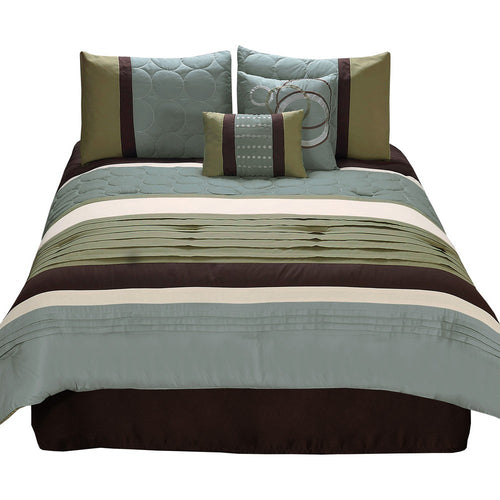 6 Piece King Comforter Set with Pleats and Embroidery, Green and Blue  - BM247005