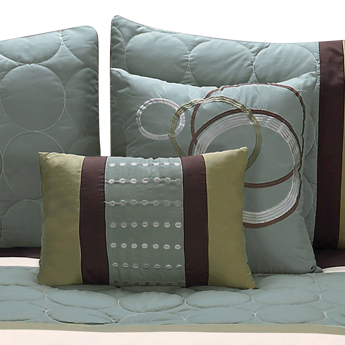 6 Piece King Comforter Set with Pleats and Embroidery, Green and Blue  - BM247005