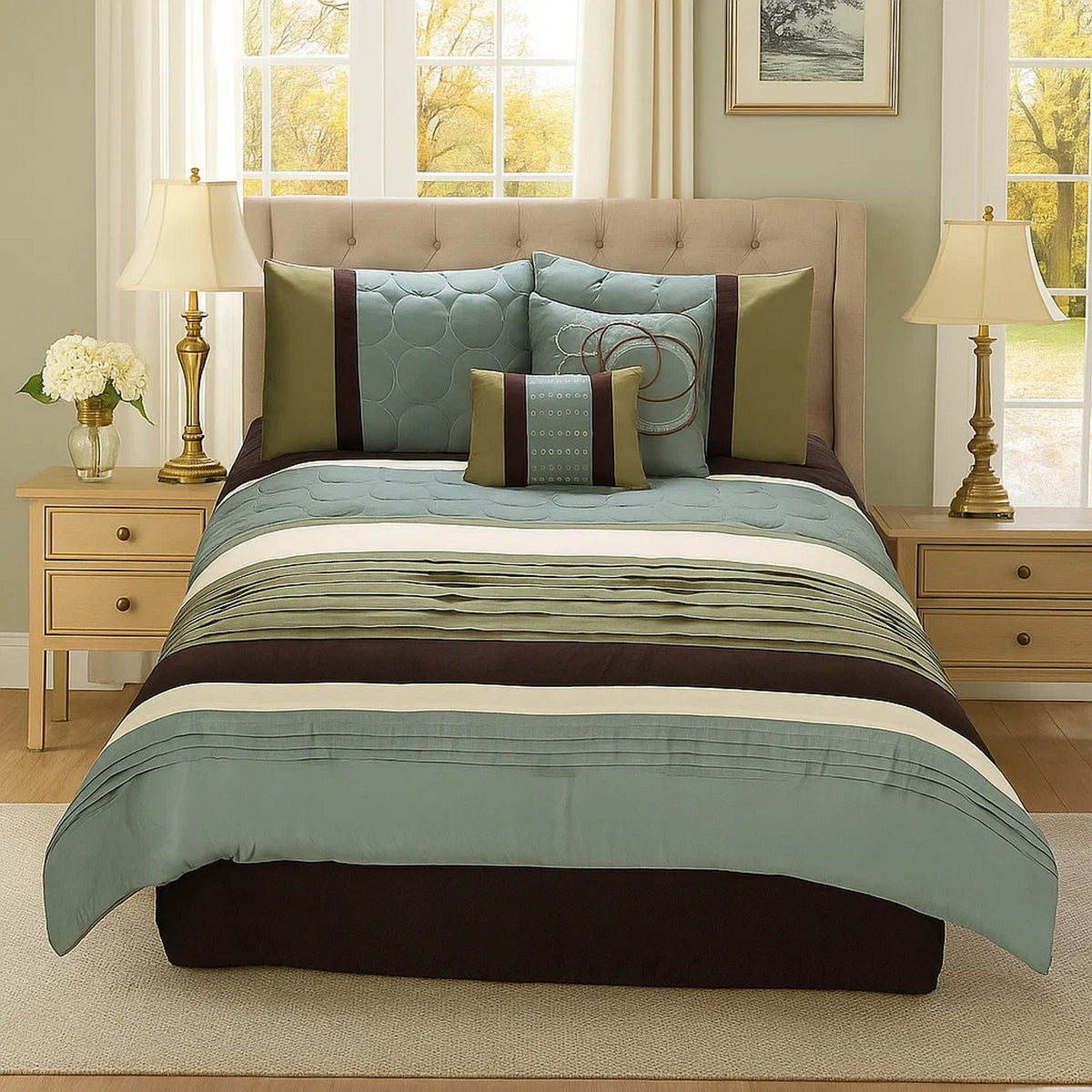 6 Piece King Comforter Set with Pleats and Embroidery, Green and Blue  - BM247005