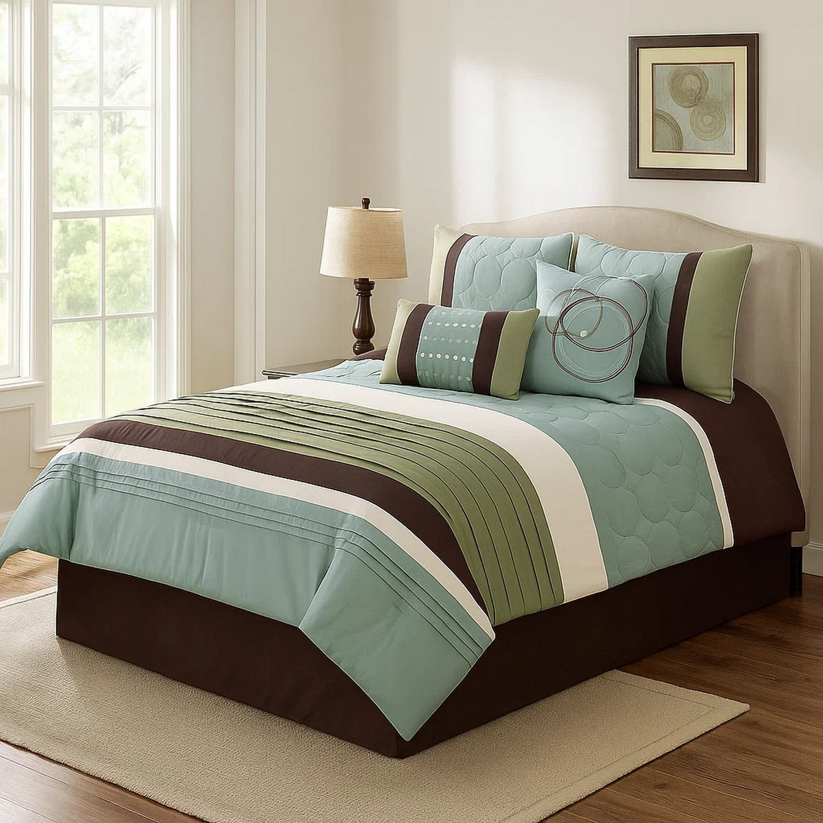 6 Piece King Comforter Set with Pleats and Embroidery, Green and Blue  - BM247005