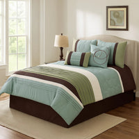 6 Piece King Comforter Set with Pleats and Embroidery, Green and Blue  - BM247005