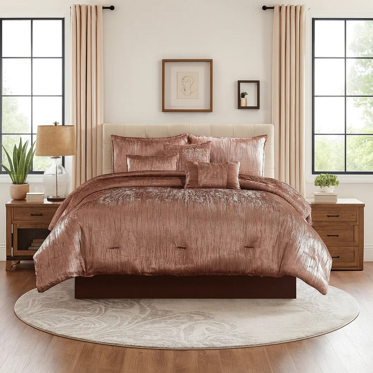 7 Piece King Comforter Set with Shimmering Appeal, Pink  - BM247028