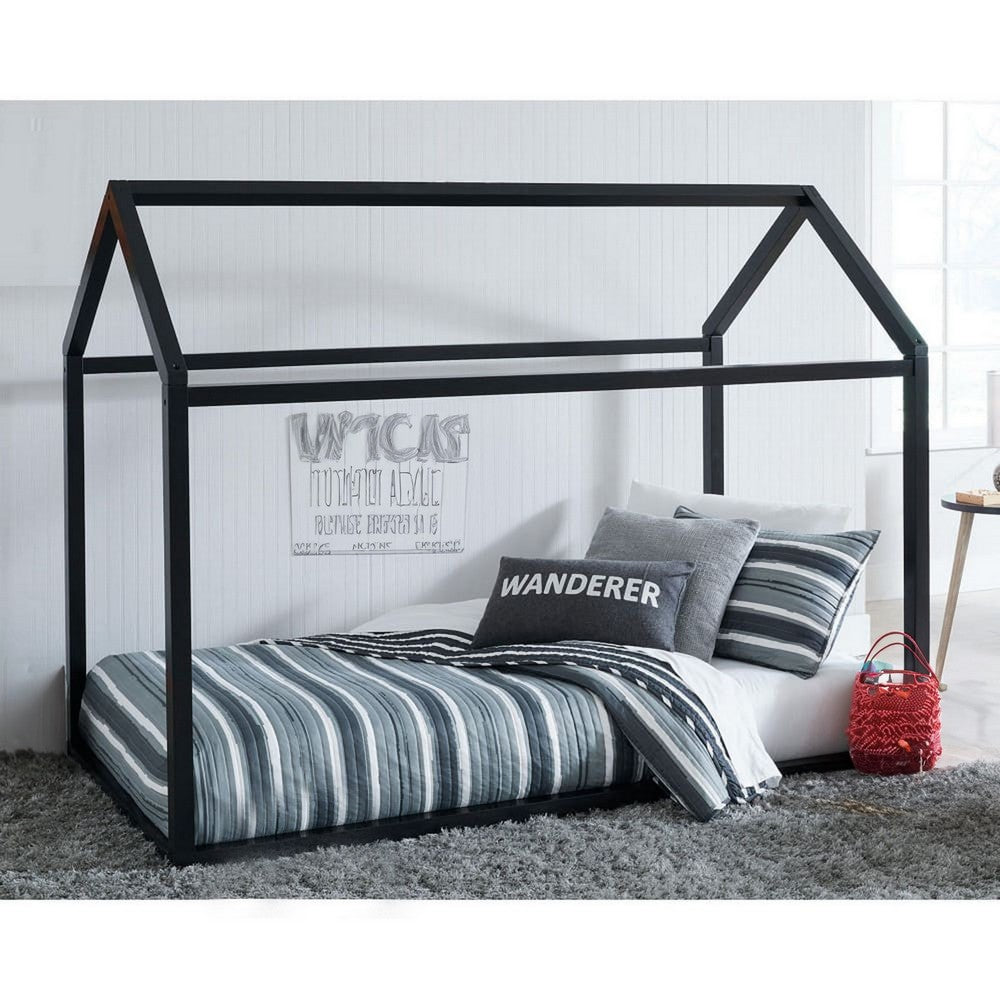 Twin Bed Frame with House Shaped Design, Black - BM248079