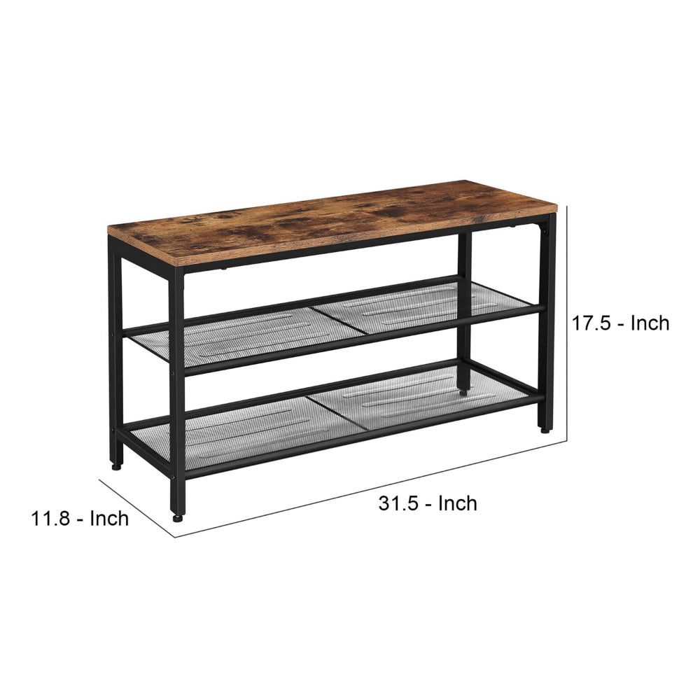 Wooden Shoe Bench with 2 Open Mesh Shelves, Brown and Black - BM248132