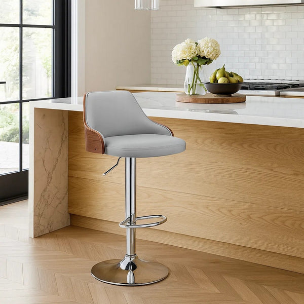Faux Leather and Metal Adjustable Bar Stool, Gray and Silver - BM248174