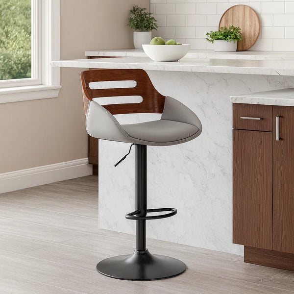 Faux Leather Adjustable Swivel Bar Stool, Walnut and Gray - BM248184