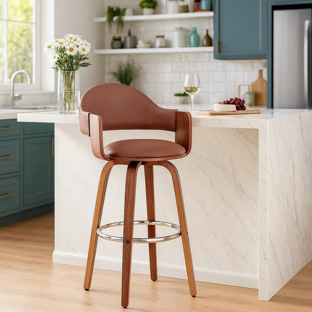 30 Inch Leatherette Barstool with Curved Cushioned Back, Brown - BM248266