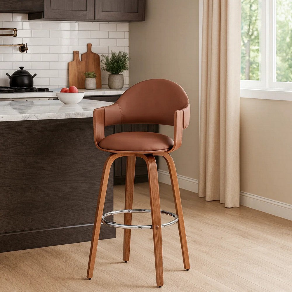 30 Inch Leatherette Barstool with Curved Cushioned Back, Brown - BM248266