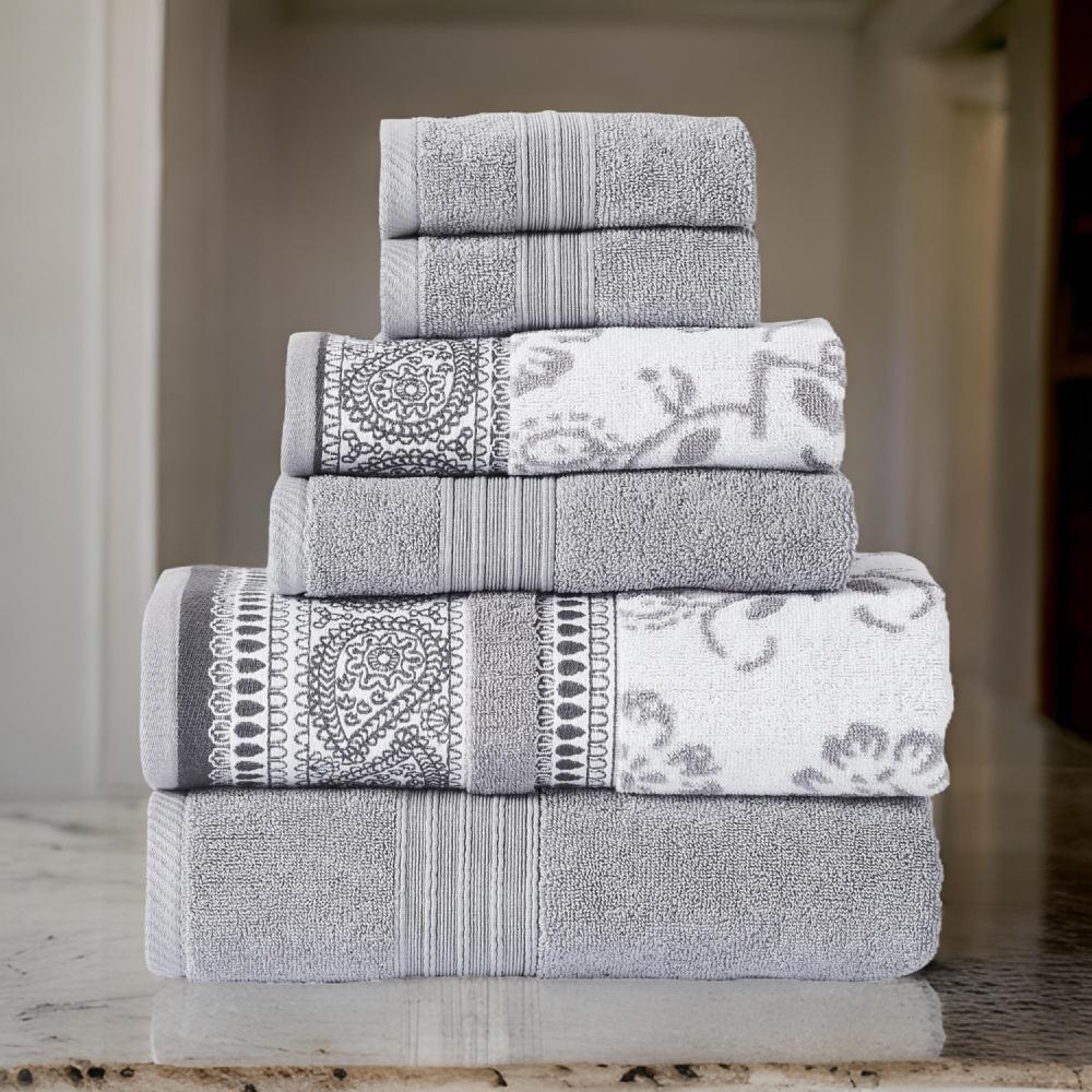 Veria 6 Piece Towel Set with Paisley and Floral Motif Pattern The Urban Port, Gray - BM250058