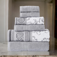 Veria 6 Piece Towel Set with Paisley and Floral Motif Pattern The Urban Port, Gray - BM250058