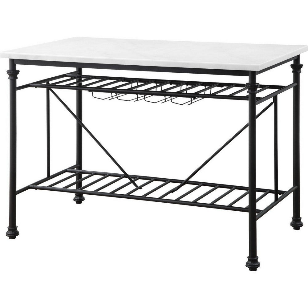 Kitchen Island with Marble Top and Slatted Shelf, Black and White - BM250190