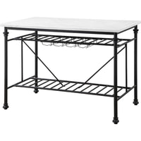Kitchen Island with Marble Top and Slatted Shelf, Black and White - BM250190