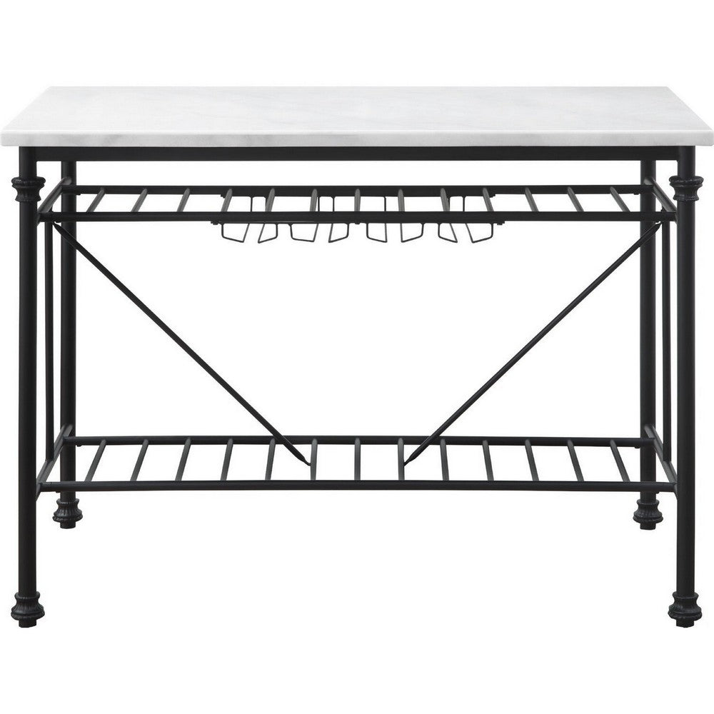 Kitchen Island with Marble Top and Slatted Shelf, Black and White - BM250190