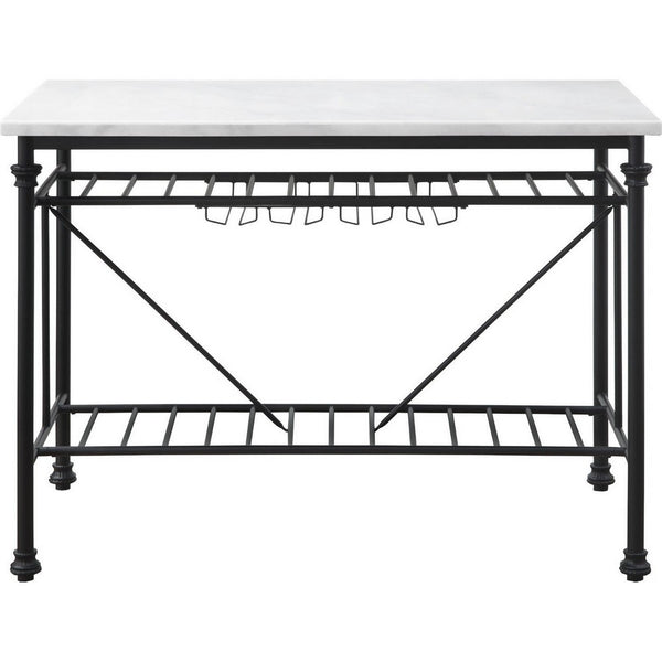 Kitchen Island with Marble Top and Slatted Shelf, Black and White - BM250190