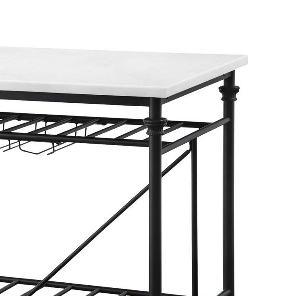 Kitchen Island with Marble Top and Slatted Shelf, Black and White - BM250190