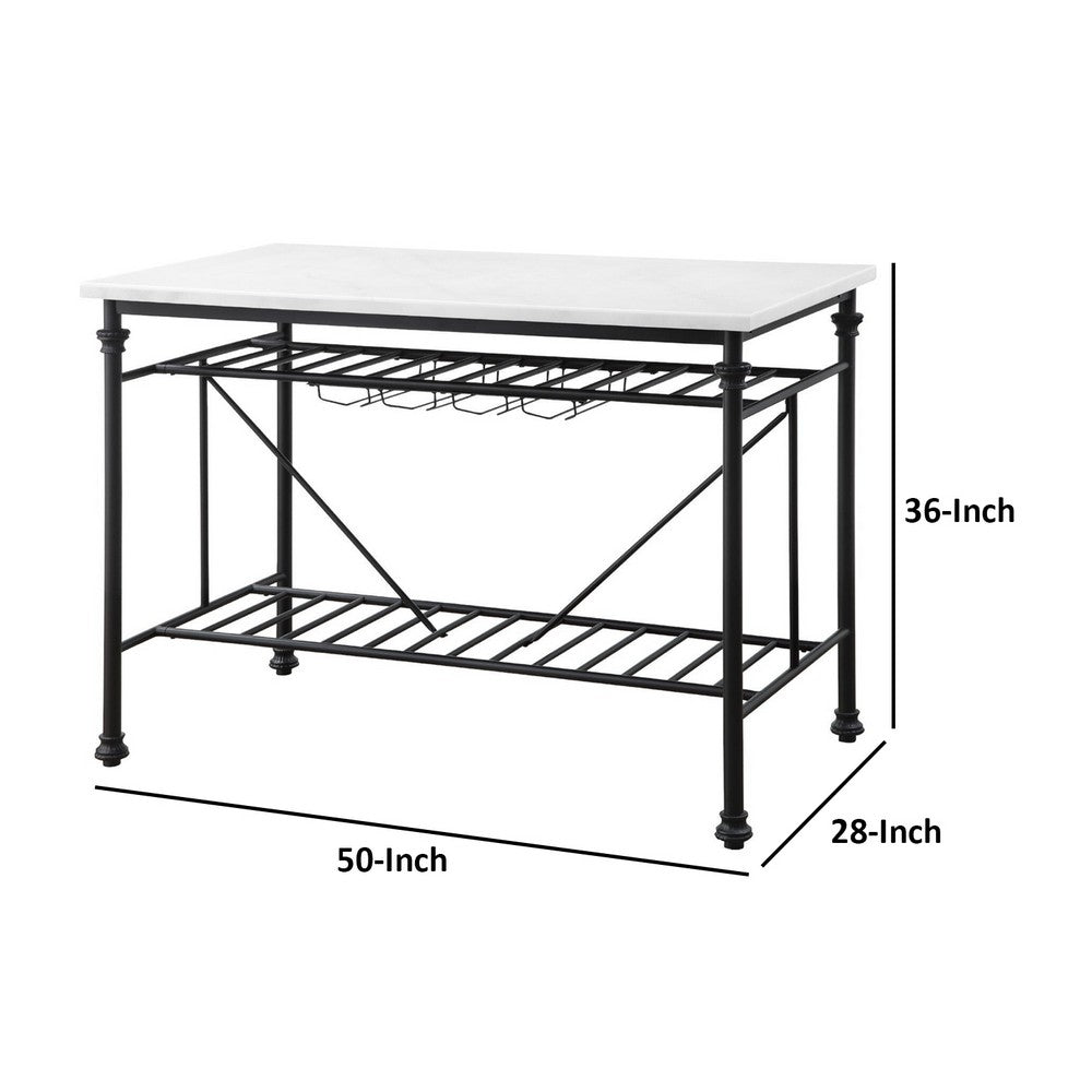 Kitchen Island with Marble Top and Slatted Shelf, Black and White - BM250190
