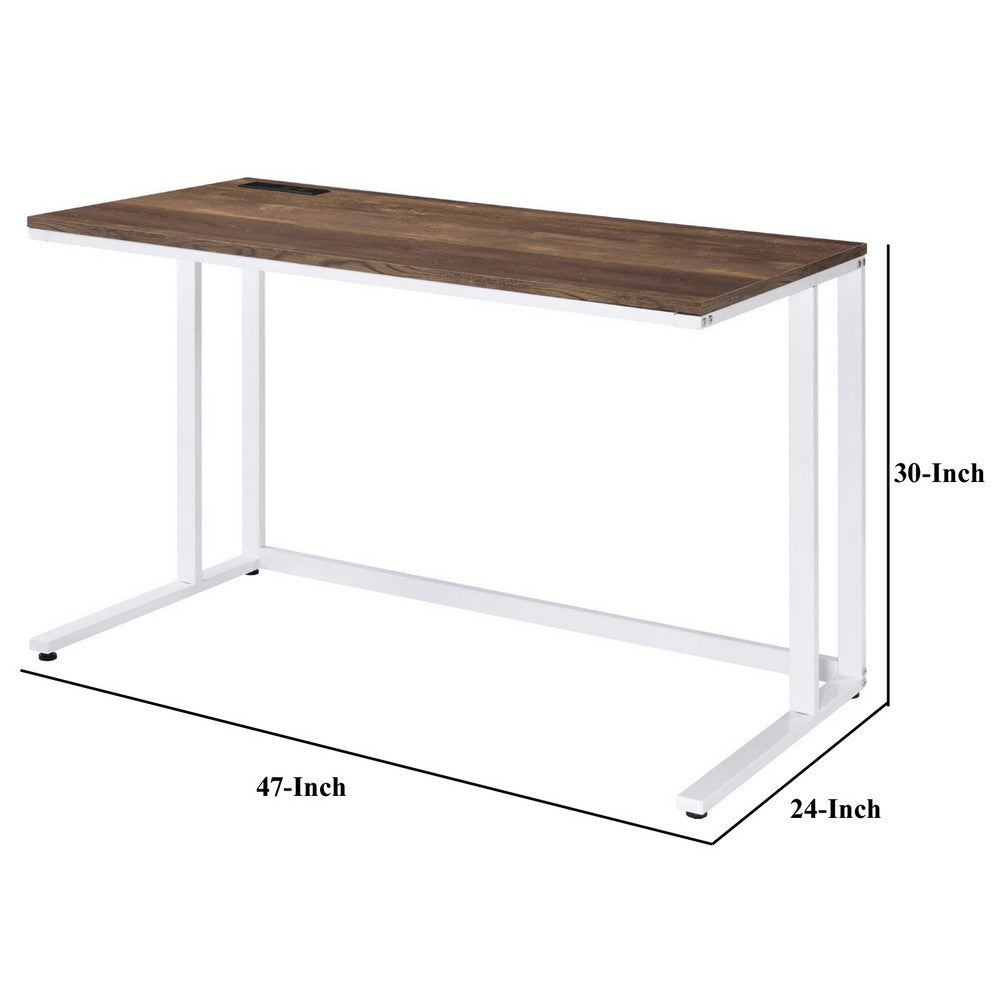 Writing Desk with Wooden Top and Built in USB Port, Brown and White - BM250192