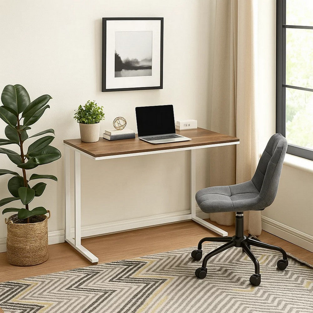 Writing Desk with Wooden Top and Built in USB Port, Brown and White - BM250192