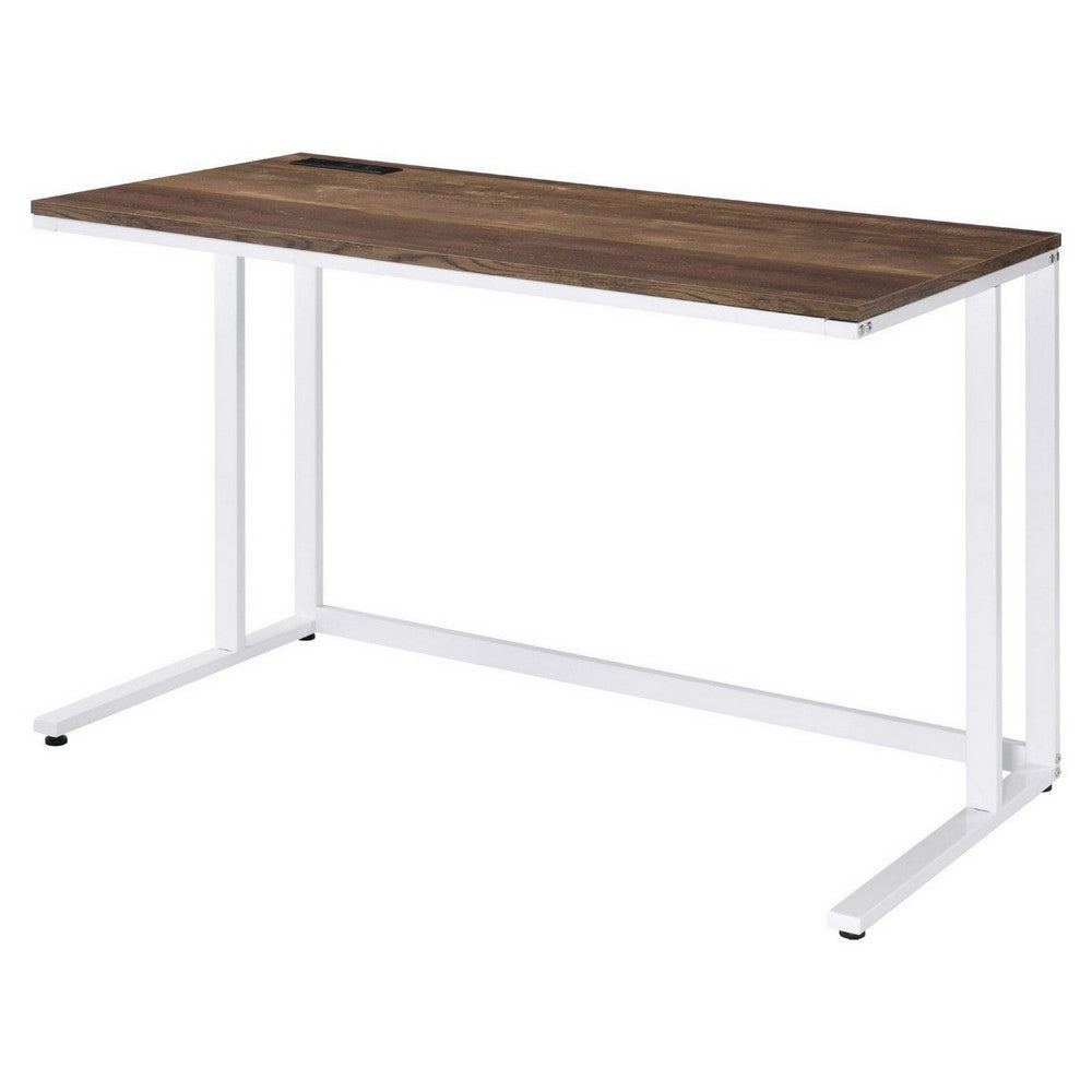 Writing Desk with Wooden Top and Built in USB Port, Brown and White - BM250192