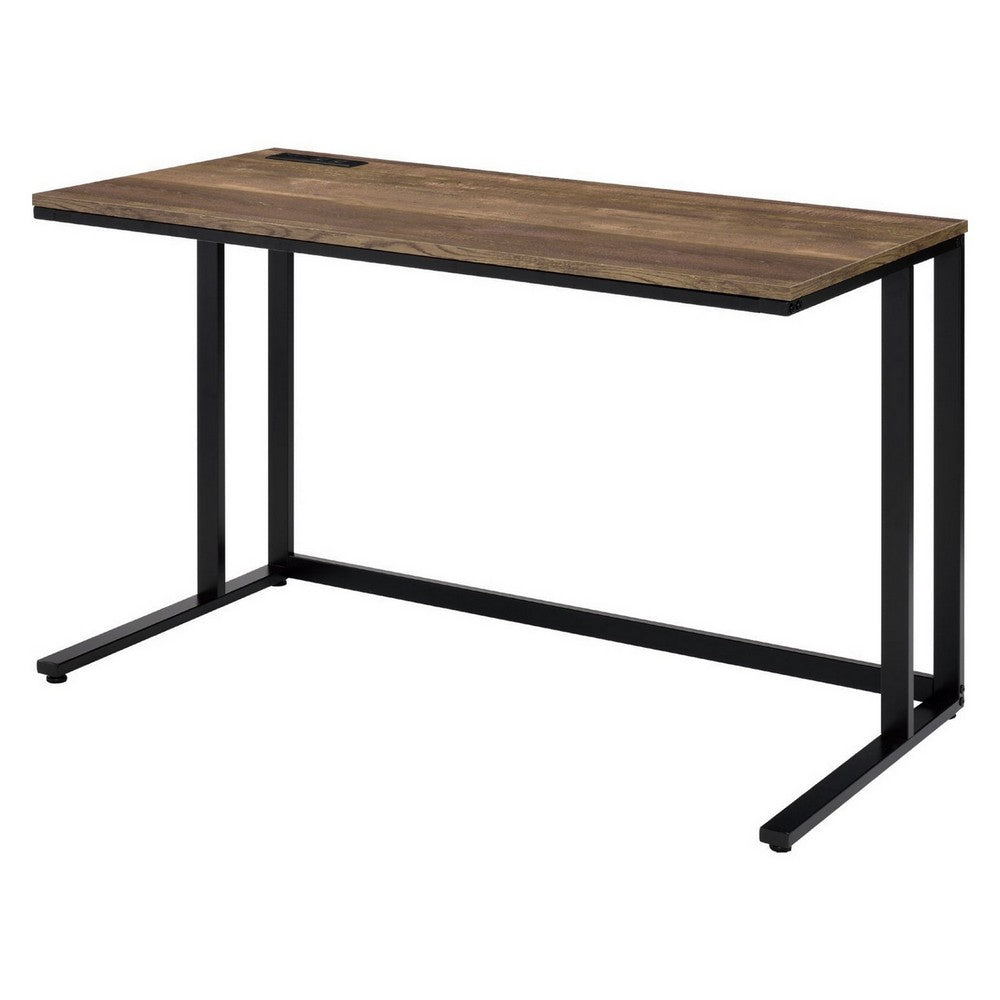 Writing Desk with Wooden Top and Built in USB Port, Brown and Black - BM250193