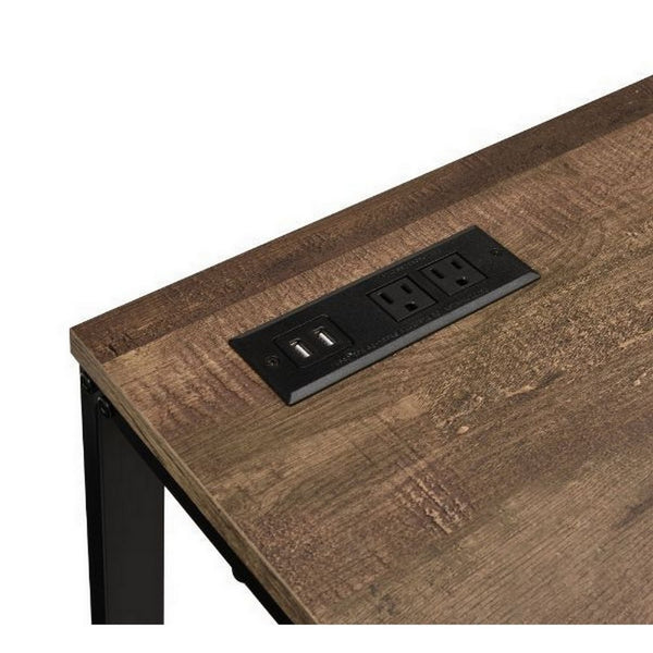 Writing Desk with Wooden Top and Built in USB Port, Brown and Black - BM250193