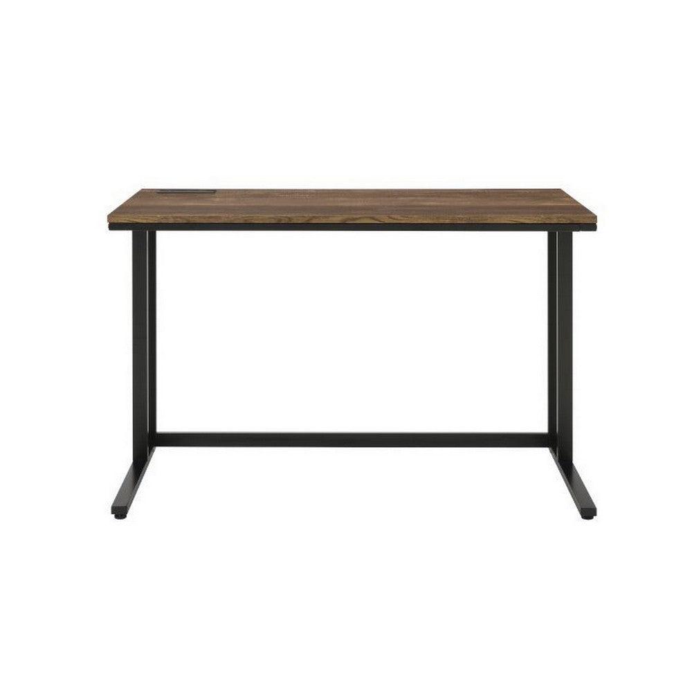 Writing Desk with Wooden Top and Built in USB Port, Brown and Black - BM250193