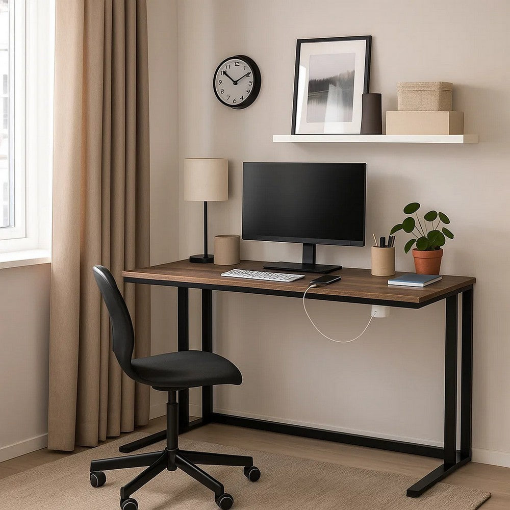 Writing Desk with Wooden Top and Built in USB Port, Brown and Black - BM250193