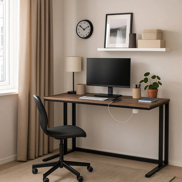 Writing Desk with Wooden Top and Built in USB Port, Brown and Black - BM250193
