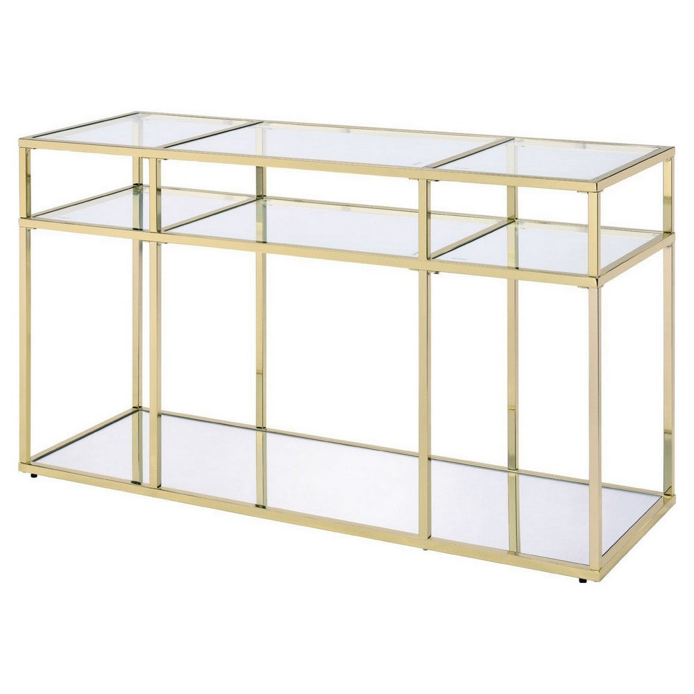 3 Tier Sofa Table with Glass Shelves and Metal Frame, Gold - BM250196