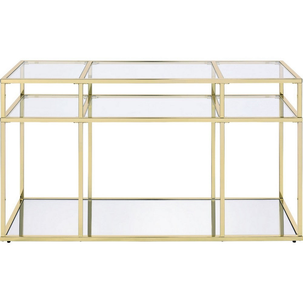 3 Tier Sofa Table with Glass Shelves and Metal Frame, Gold - BM250196