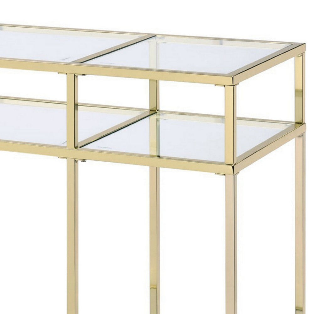3 Tier Sofa Table with Glass Shelves and Metal Frame, Gold - BM250196
