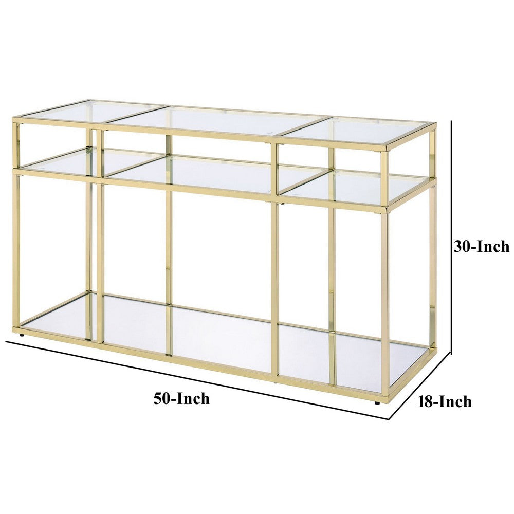 3 Tier Sofa Table with Glass Shelves and Metal Frame, Gold - BM250196
