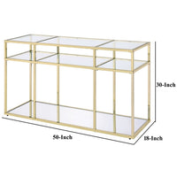 3 Tier Sofa Table with Glass Shelves and Metal Frame, Gold - BM250196