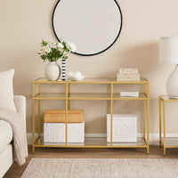 3 Tier Sofa Table with Glass Shelves and Metal Frame, Gold - BM250196