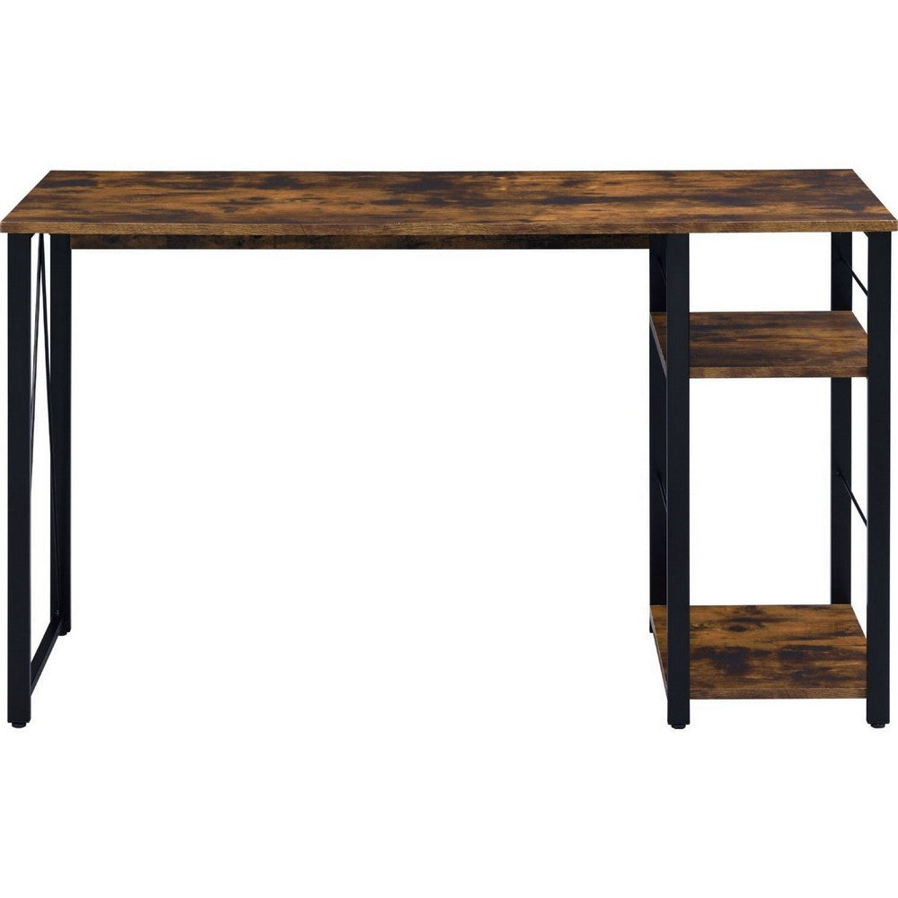Writing Desk with 2 Tier Shelves and Tubular Metal Legs, Brown and Black - BM250198
